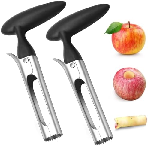 Diompirux 2 pièces Vide Pomme Haut de Gamme, Vide Trognon pomme ou de poire, Avec Lame DenteléE Tranchante Et PoignéE D'Angle Ergonomique en Acier Inoxydable, Accessoires de Cuisine et Maison, Noir