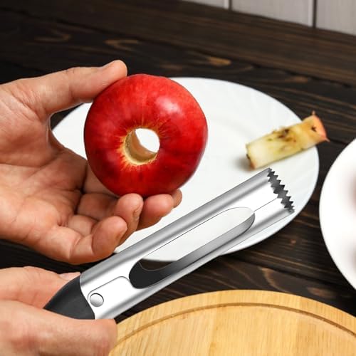 Diompirux 2 pièces Vide Pomme Haut de Gamme, Vide Trognon pomme ou de poire, Avec Lame DenteléE Tranchante Et PoignéE D'Angle Ergonomique en Acier Inoxydable, Accessoires de Cuisine et Maison, Noir – Image 3