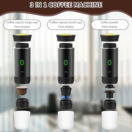PZCC Machine à Café Portable de Voyage,Expresso Cafetière Rechargeable 12V et sa pochette Pour Camping et Voiture,Chauffage Rapide,compatible avec Capsules K-Cup et café moulu,Pour voyage (Noir) – Image 3