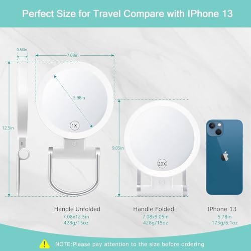 B Beauty Planet Miroir grossissant avec lumière, 20x/1x, Double Face, Miroir de Maquillage Portable, éclairage 3 Couleurs, écran Tactile à intensité Variable – Image 7