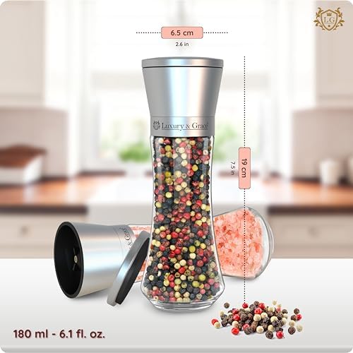 LG Luxury & Grace Lot de 2 Moulin à Poivre et à Sel, 180 ml (19x6,5 cm). Verre de Haute Qualité, Acier Inoxydable et Broyeur en Cerámique. Taille de Grain Ajustable. Élégants, Légèrs et Ergonomiques. – Image 2