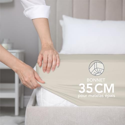 Dreamzie Drap Housse 160 x 200 Bonnet 35 cm pour Matelas Épais - 100% Microfibre - Beige, Certifié sans Produits Chimiques (Oeko TEX), Drap Housse avec Élastique Complet – Image 2