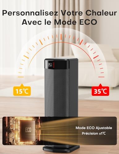 QEXREED Chauffage d'appoint, 90°Oscillation 2000W PTC Radiateur Electrique, 4 Modes, Mode ECO, Thermostat, Minuterie 24H, Télécommande,Sécurité Anti-chute et Surchauffe pour Usage Intérieur – Image 6