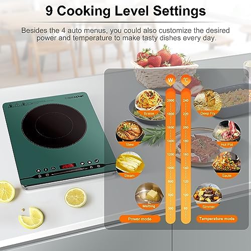 AMZCHEF Plaque de cuisson à induction simple 2000 W Plaque à induction portable avec fonctionnement silencieux, 9 niveaux de puissance et de température, 4 menus automatiques, design de boîtier ultra – Image 4