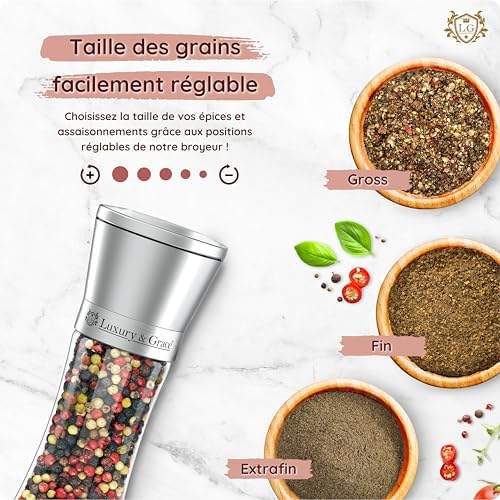LG Luxury & Grace Lot de 2 Moulin à Poivre et à Sel, 180 ml (19x6,5 cm). Verre de Haute Qualité, Acier Inoxydable et Broyeur en Cerámique. Taille de Grain Ajustable. Élégants, Légèrs et Ergonomiques. – Image 3