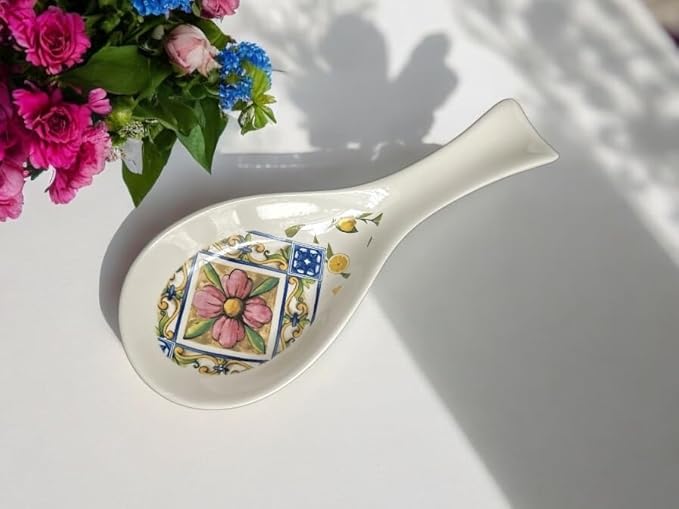 POGE MESTOLO EN CÉRAMIQUE, PORTE CUILLIER, ACCESSOIRE DE CUISINE, OUTIL DE CUISINE MULTIUSAGE, IMPRIMÉ MAIOLIQUE CM 30 (Blanc/Citron Sicile) – Image 11