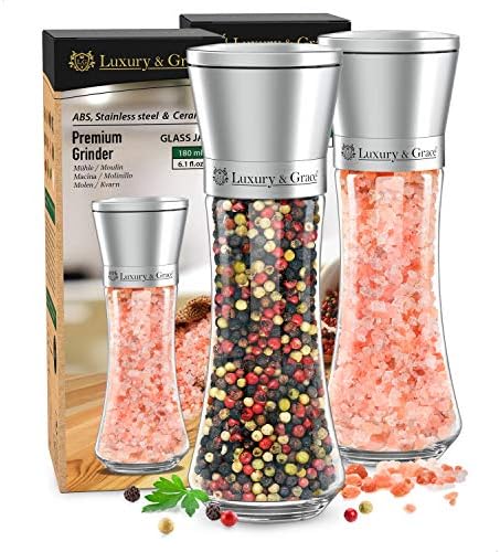LG Luxury & Grace Lot de 2 Moulin à Poivre et à Sel, 180 ml (19x6,5 cm). Verre de Haute Qualité, Acier Inoxydable et Broyeur en Cerámique. Taille de Grain Ajustable. Élégants, Légèrs et Ergonomiques.