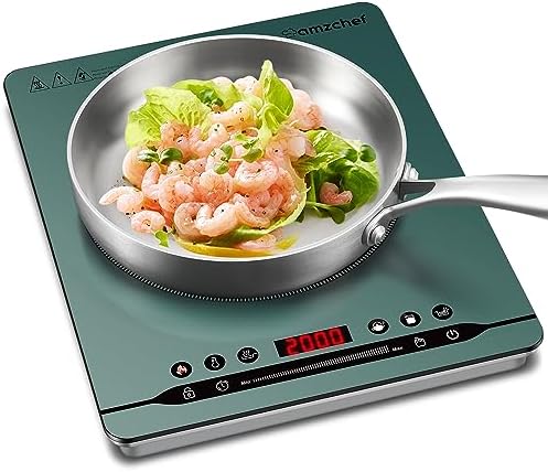 AMZCHEF Plaque de cuisson à induction simple 2000 W Plaque à induction portable avec fonctionnement silencieux, 9 niveaux de puissance et de température, 4 menus automatiques, design de boîtier ultra