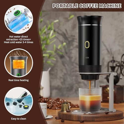 PZCC Machine à Café Portable de Voyage,Expresso Cafetière Rechargeable 12V et sa pochette Pour Camping et Voiture,Chauffage Rapide,compatible avec Capsules K-Cup et café moulu,Pour voyage (Noir) – Image 2