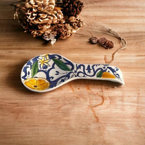 POGE MESTOLO EN CÉRAMIQUE, PORTE CUILLIER, ACCESSOIRE DE CUISINE, OUTIL DE CUISINE MULTIUSAGE, IMPRIMÉ MAIOLIQUE CM 30 (Blanc/Citron Sicile) – Image 4