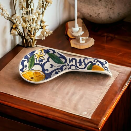 POGE MESTOLO EN CÉRAMIQUE, PORTE CUILLIER, ACCESSOIRE DE CUISINE, OUTIL DE CUISINE MULTIUSAGE, IMPRIMÉ MAIOLIQUE CM 30 (Blanc/Citron Sicile) – Image 7