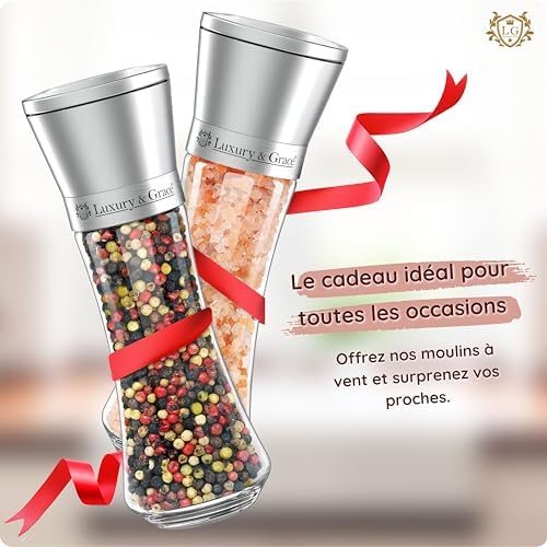 LG Luxury & Grace Lot de 2 Moulin à Poivre et à Sel, 180 ml (19x6,5 cm). Verre de Haute Qualité, Acier Inoxydable et Broyeur en Cerámique. Taille de Grain Ajustable. Élégants, Légèrs et Ergonomiques. – Image 6