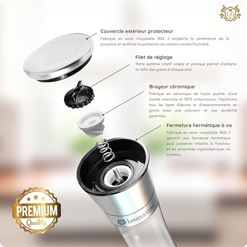 LG Luxury & Grace Lot de 2 Moulin à Poivre et à Sel, 180 ml (19x6,5 cm). Verre de Haute Qualité, Acier Inoxydable et Broyeur en Cerámique. Taille de Grain Ajustable. Élégants, Légèrs et Ergonomiques. – Image 4
